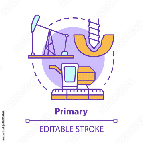 Primary concept icon. Product fabrication and construction idea thin line illustration. Primary industry. Raw materials production equipment. Vector isolated outline drawing. Editable stroke