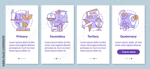 Manufacturing process onboarding mobile app page screen with linear concepts. Primary, secondary, tertiary, quaternary walkthrough steps graphic instructions. UX, UI, GUI vector template with icons