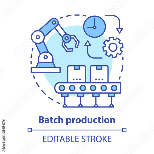 Batch production concept icon. Manufacturing method idea thin line illustration. Mass production process. Serial manufacture. Machinery equipment. Vector isolated outline drawing. Editable stroke