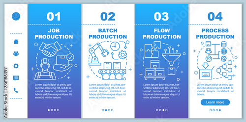 Manufacturing method onboarding mobile web pages vector template. Job, flow production. Responsive smartphone website interface idea with linear icons. Webpage walkthrough step screens. Color concept