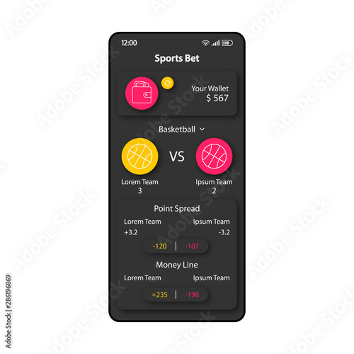 Sport bookmaker smartphone interface vector template. Mobile app page black design layout. Point spread, money line screen. Flat UI for application. Forecasting game score phone display