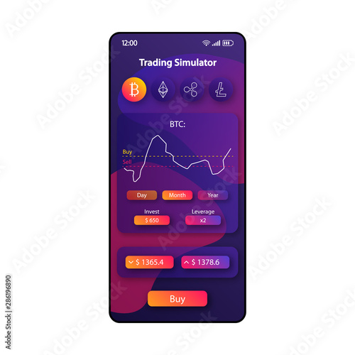 BTC trading simulator smartphone interface vector template. Mobile app page violet design layout. Bitcoin rating screen. Flat UI for application. Cryptocurrency investment and leverage phone display