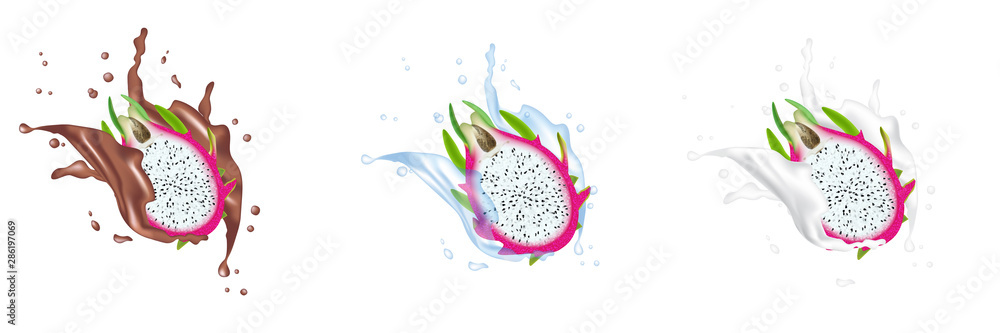 Red dragon fruit, whole fruit and half. Tropical fruits splashing for healthy lifestyle. Realistic Splash 3d Design Element For Web Or Print Packaging.