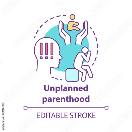 Unplanned parenthood concept icon. Single parent idea thin line illustration. Postpartum depression, childbirth stress. Unintended, unwanted pregnancy. Vector isolated outline drawing. Editable stroke