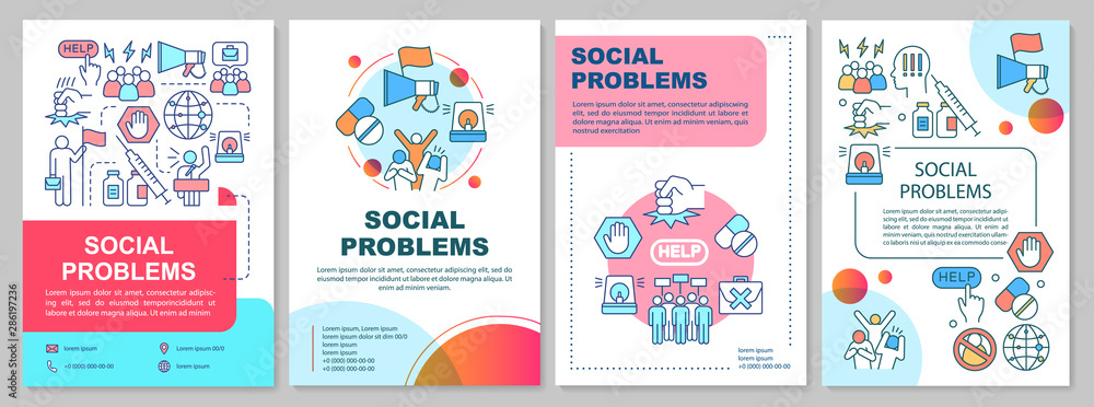 Social problems brochure template layout. Antisocial behavior, conflicts. Flyer, booklet, leaflet print design with linear illustrations. Vector page layouts for magazines, reports, advertising poster Social problems brochure template layout. Antisocial behavior, conflicts. Flyer, booklet, leaflet print design with linear illustrations. Vector page layouts for magazines, reports, advertising poster