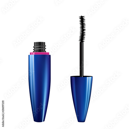 A mascara tube and wand applicator. Cosmetic bottle with eyelash brush. Isolated on white background. 3d realistic   illustration. Good for web design, banners, posters, ad, advertising.