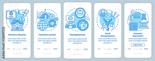 Social problems onboarding mobile app page screen with linear concepts. Unemployment, economic deprivation, population growth walkthrough graphic instructions. UX, UI, GUI vector template with icons
