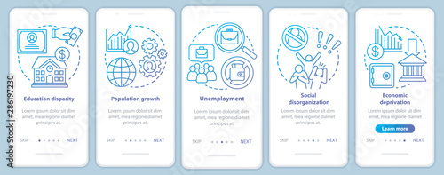 Social problems onboarding mobile app page screen with linear concepts. Unemployment, economic deprivation, population growth walkthrough graphic instructions. UX, UI, GUI vector template with icons