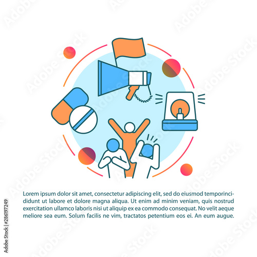 Antisocial behavior article page vector template. Social disorganization. Conflicts and unrest. Brochure, magazine, booklet element with linear icons. Print design. Concept illustrations with text