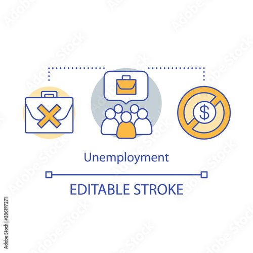 Unemployment concept icon. Joblessness idea thin line illustration. Job loss. Unemployed, jobless workers. Employee downsizing and dismissal. Vector isolated outline drawing. Editable stroke