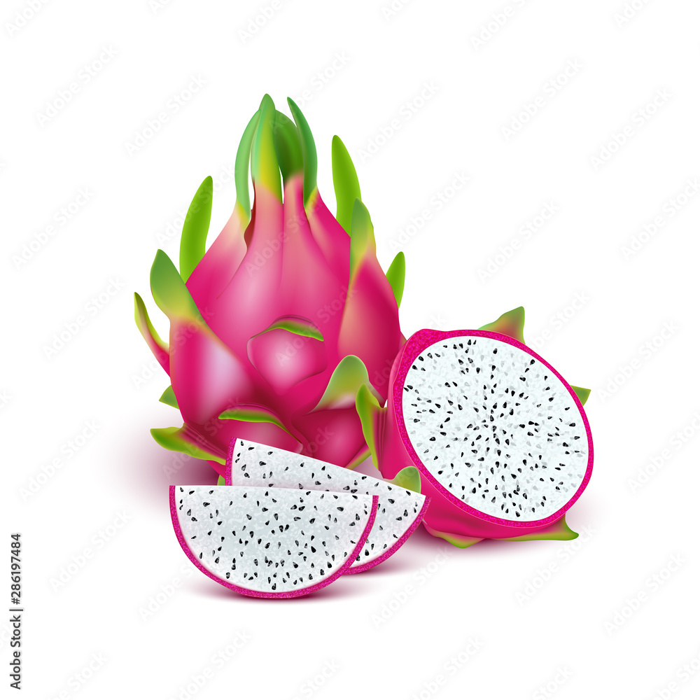 Red dragon fruit, whole fruit and half. Tropical fruits for healthy lifestyle. Realistic 3d Design Element For Web Or Print Packaging. Red dragon fruit, whole fruit and half. Tropical fruits for healthy lifestyle. Realistic 3d Design Element For Web Or Print Packaging.