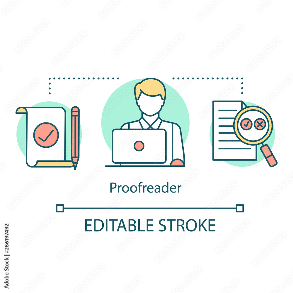 Translation services concept icon. Proofreader career, profession idea thin line illustration. Checking legal and official documentation, papers. Vector isolated outline drawing. Editable stroke Translation services concept icon. Proofreader career, profession idea thin line illustration. Checking legal and official documentation, papers. Vector isolated outline drawing. Editable stroke