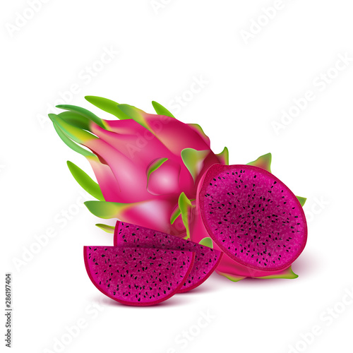 Red dragon fruit, whole fruit and half. Tropical fruits for healthy lifestyle. Realistic 3d Design Element For Web Or Print Packaging.
