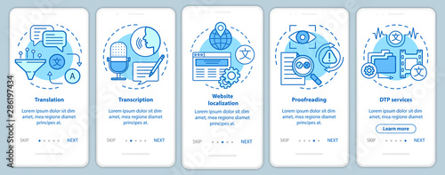 Text services blue onboarding mobile app page screen with linear concepts. Translation, transcription, proofreading walkthrough steps graphic instructions. UX, UI, GUI vector template with icons