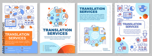 Translation services brochure template layout. Foreign language translation. Flyer, booklet, leaflet print design with linear illustrations. Vector page layouts for magazines, advertising posters