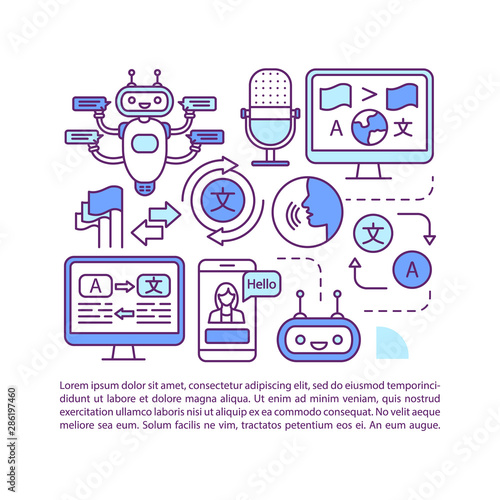 Automated translation program article page vector template. Online translator. Brochure, magazine, booklet element with linear icons and text boxes. Print design. Concept illustrations with text space