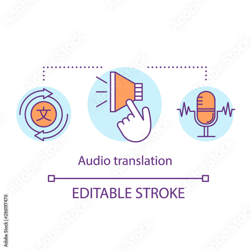 Translation services concept icon. Audio translation idea thin line illustration. Speech and media interpretation, language transformation. Vector isolated outline drawing. Editable stroke