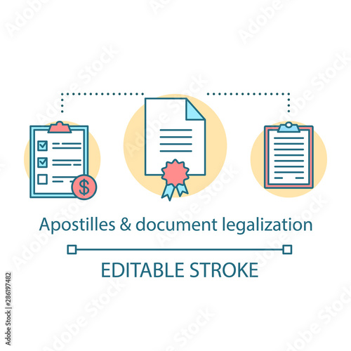 Translation services concept icon. Apostilles and document legalization idea thin line illustration. Legal paper and written text interpretation. Vector isolated outline drawing. Editable stroke