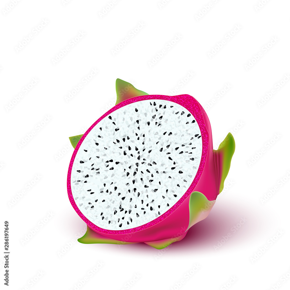 Red dragon fruit, whole fruit and half. Tropical fruits for healthy lifestyle. Realistic 3d Design Element For Web Or Print Packaging. Red dragon fruit, whole fruit and half. Tropical fruits for healthy lifestyle. Realistic 3d Design Element For Web Or Print Packaging.