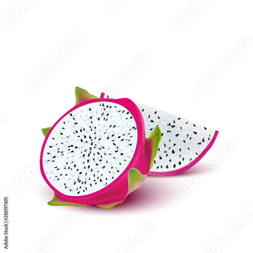 Red dragon fruit, whole fruit and half. Tropical fruits for healthy lifestyle. Realistic 3d Design Element For Web Or Print Packaging.