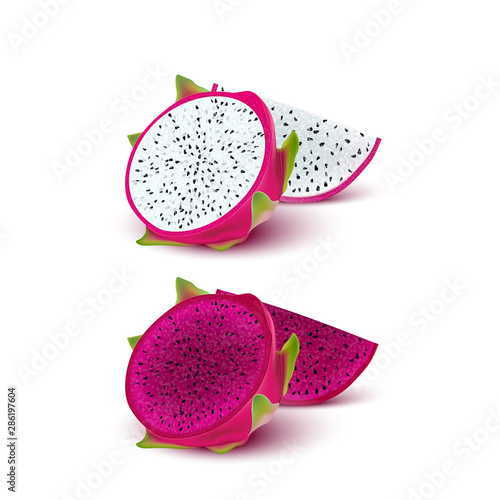 Red dragon fruit, whole fruit and half. Tropical fruits for healthy lifestyle. Realistic 3d Design Element For Web Or Print Packaging.