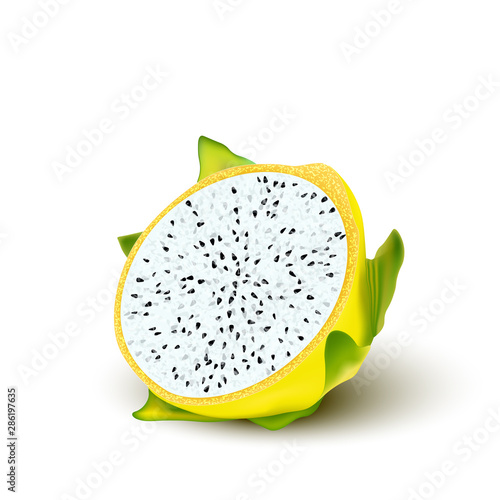 Red yellow dragon fruit, whole fruit and half. Tropical fruits for healthy lifestyle. Realistic 3d Design Element For Web Or Print Packaging.