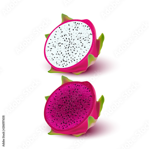 Red dragon fruit, whole fruit and half. Tropical fruits for healthy lifestyle. Realistic 3d Design Element For Web Or Print Packaging.