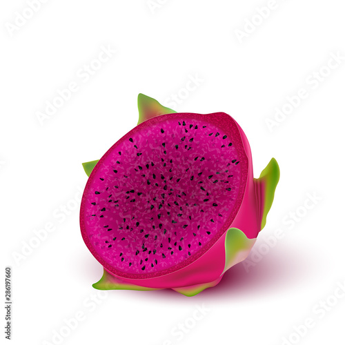 Red dragon fruit, whole fruit and half. Tropical fruits for healthy lifestyle. Realistic 3d Design Element For Web Or Print Packaging.