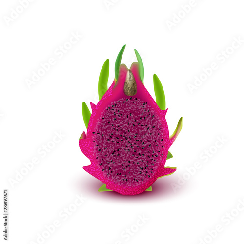 Red dragon fruit, whole fruit and half. Tropical fruits splashing for healthy lifestyle. Realistic Splash 3d Design Element For Web Or Print Packaging.