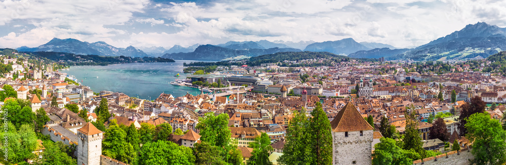 Historic city center of Lucerne with famous Chapel Bridge and lake Lucerne, Switzerland