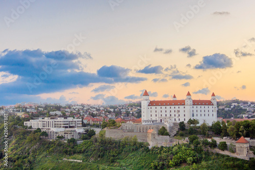 Beautiful view of the Bratislava castle on the banks of the Danube in the old town of Bratislava  Slovakia on a sunny summer day