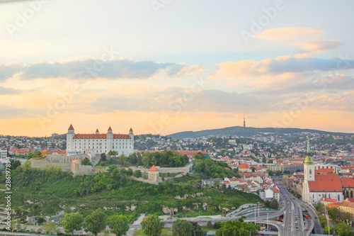 Beautiful view of the Bratislava castle on the banks of the Danube in the old town of Bratislava, Slovakia on a sunny summer day