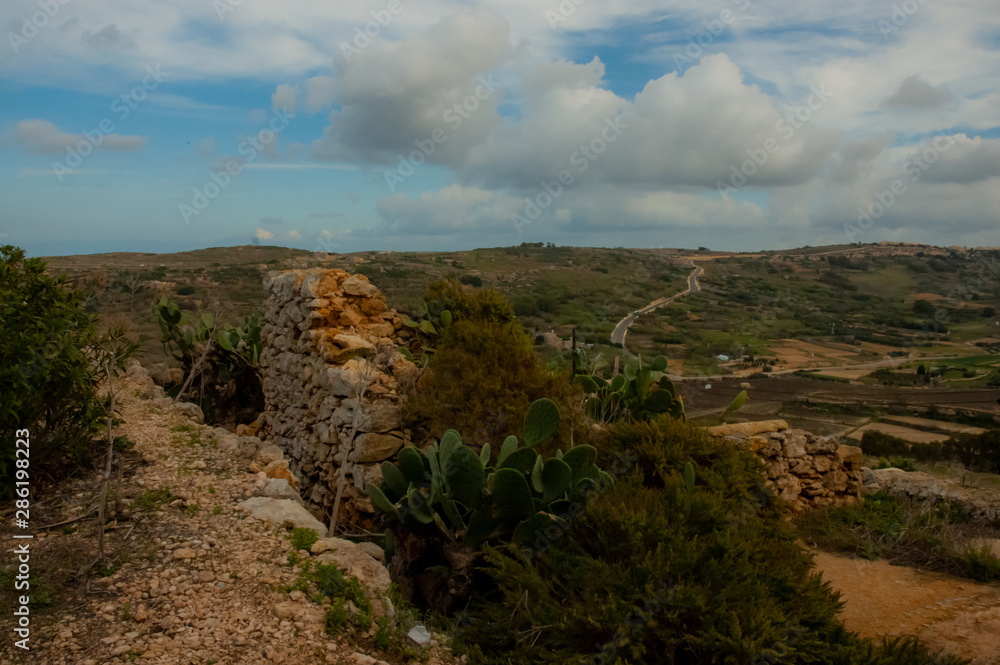 Fototapeta premium Malta and green landscapes of valley and castles