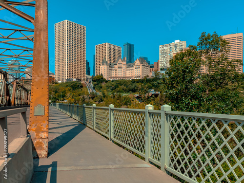 Stunning view of downtown and Low Level Bridge in Edmonton, Alberta, Canada. Taken on sunny summer day.