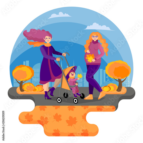 Beautiful pregnant woman and young mother with baby in stroller are walking in warm autumn against the background of a big city