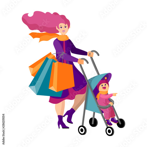 Beautiful young mother with a baby in a stroller is shopping at the seasonal sale. Isolated object on white background