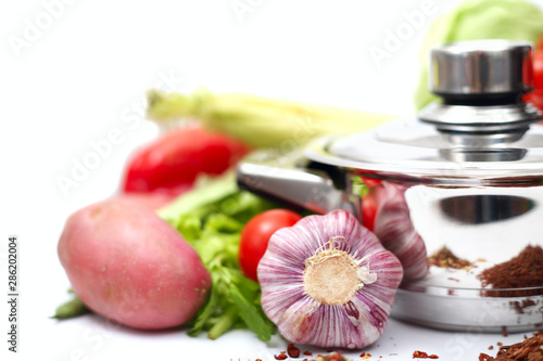 Fresh vegetables and cooking pot