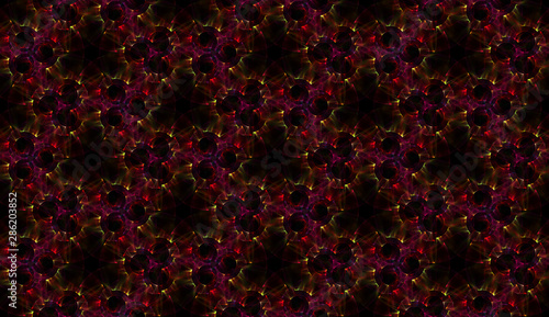 Alien seamless background. Abstract ornament of repeating glowing elements in red tones.