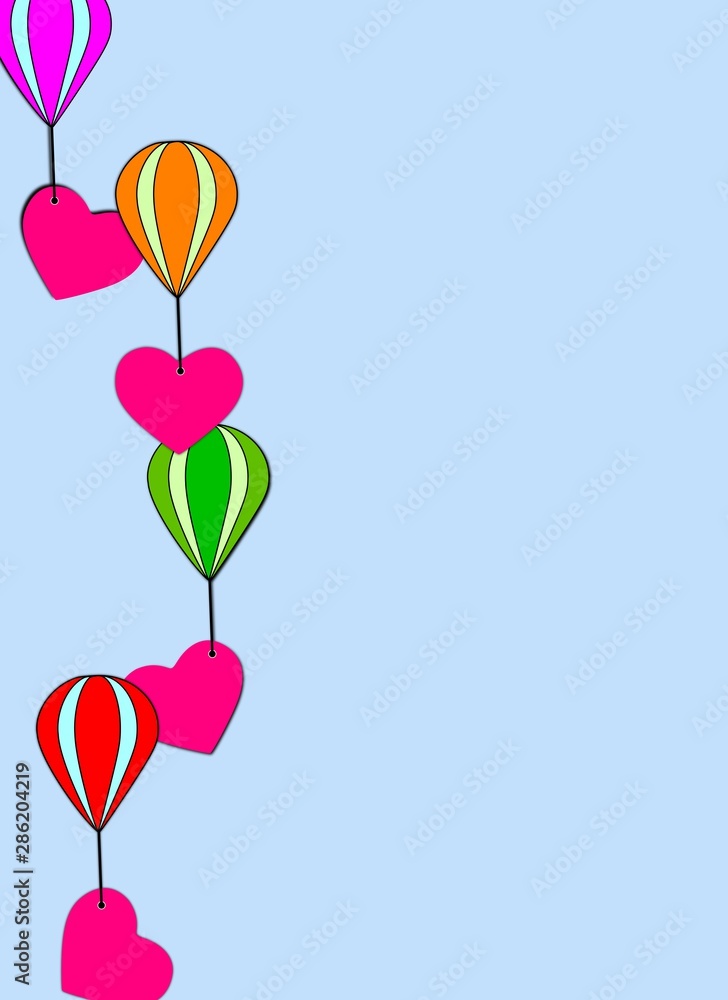 Group of hearts flying in a balloon. Illustration on light background. Feelings in the air. Colorful flight.
