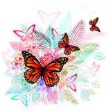 Flower abstraction with butterflies. Vector illustration