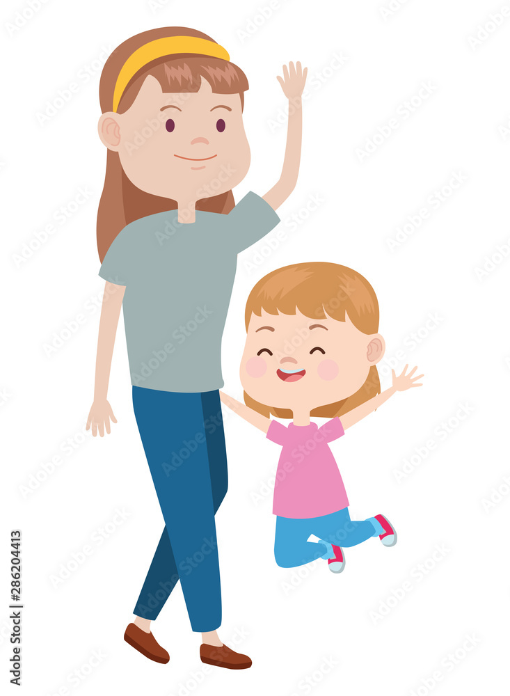 Family single mother with children cartoon