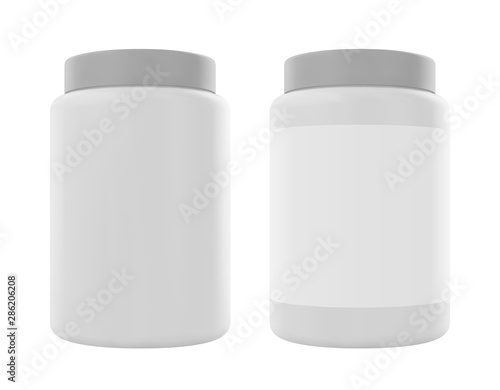 White plastic jar with cap and lable. Realistic vector protein mockup. Design template.