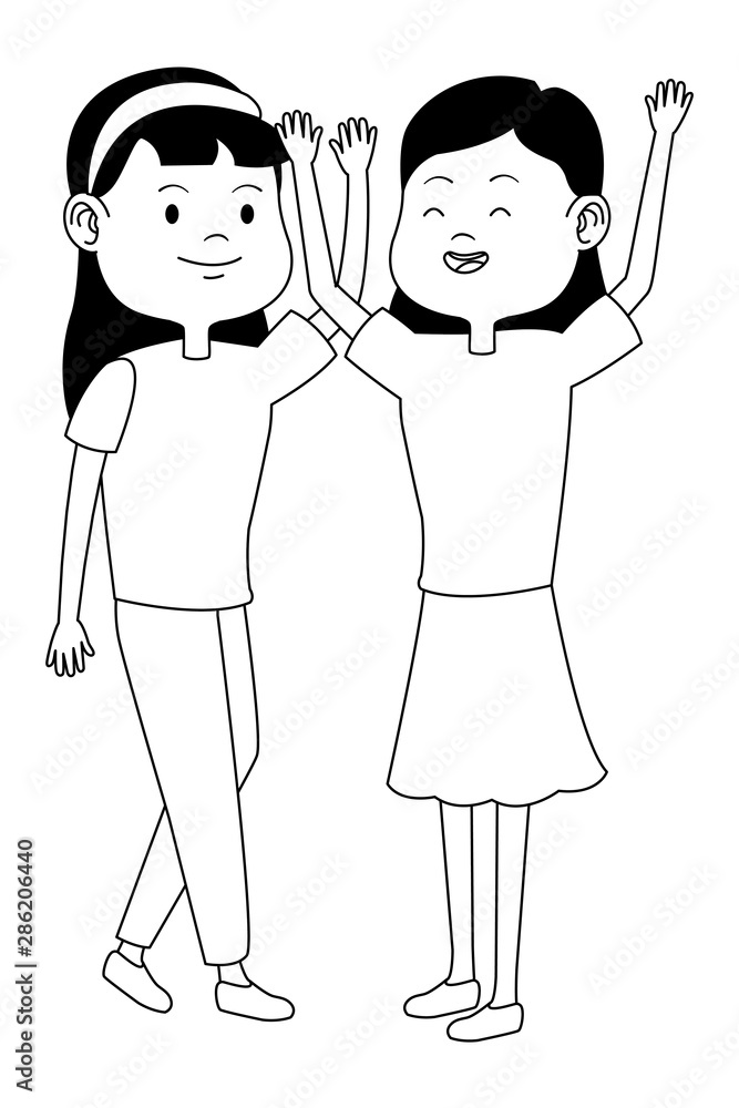 Teenagers friends smiling and greeting cartoons in black and white