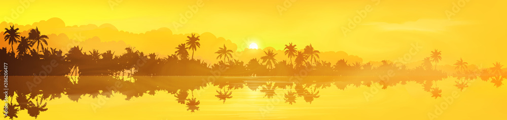 Fototapeta Yellow tropical island with palm trees silhouettes sunset or sunrise view in fog and clouds, vector banner illustration