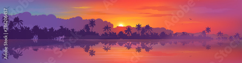 Colorful tropic sunset view to palm trees forest silhouettes with calm ocean water reflection. Vector banner illustration