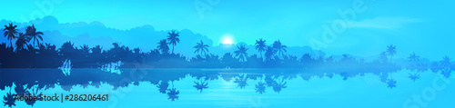 Dark palm trees silhouettes with water reflection in fog, blue vector tropical banner background