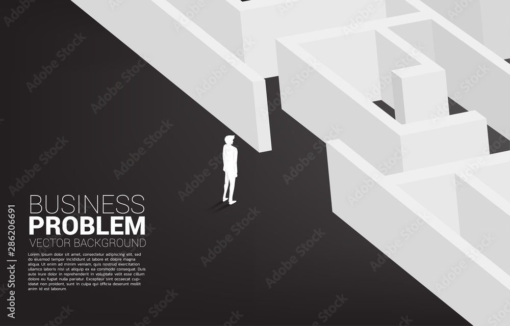Silhouette of businessman ready to enter to maze. Business concept for problem solving and solution strategy - obrazy, fototapety, plakaty 