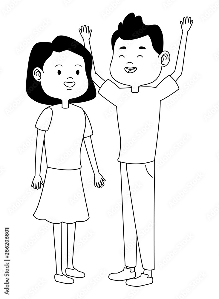 Teenagers friends smiling and greeting cartoons in black and white Teenagers friends smiling and greeting cartoons in black and white