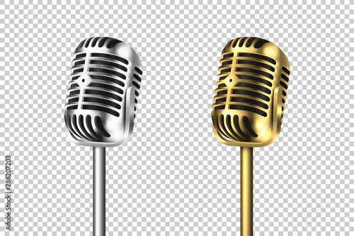 Vector 3d Realistic Retro Steel Metal Silver and Gold Concert Vocal Microphone Set Closeup Isolated on Transparent Background. Design Template of Vintage Karaoke Mike. Front and Side View