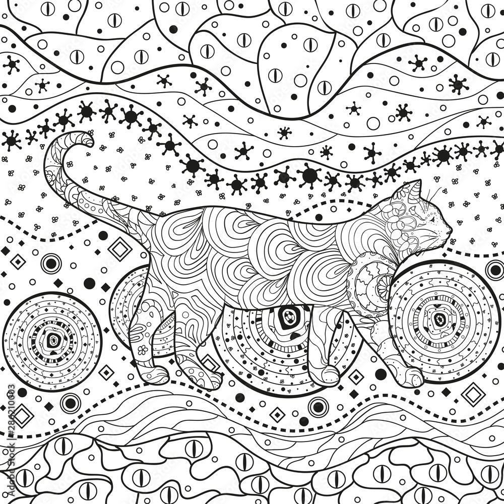 Ornate cat on pattern. Hand drawn abstract patterns on isolation background. Design for spiritual relaxation for adults. Black and white illustration for anti stress colouring page